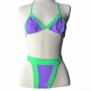 Vintage 80s/90s Bikini Swimwear GOTCHA Green Triangle Thong thigh High Womens XS